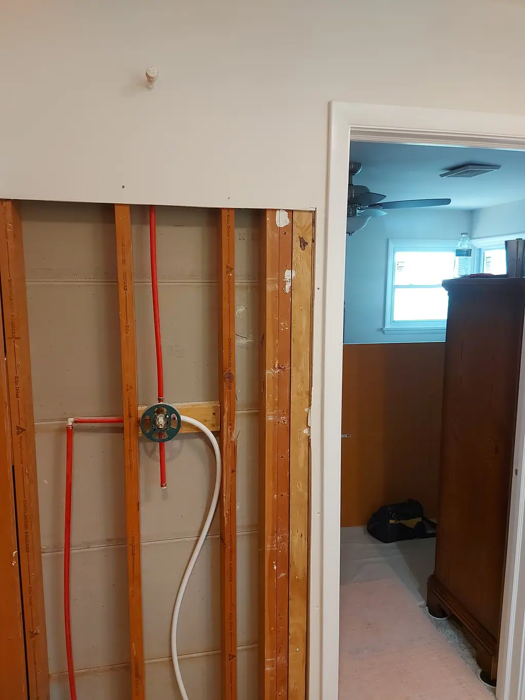 Interior wall opened to framing and plumbing